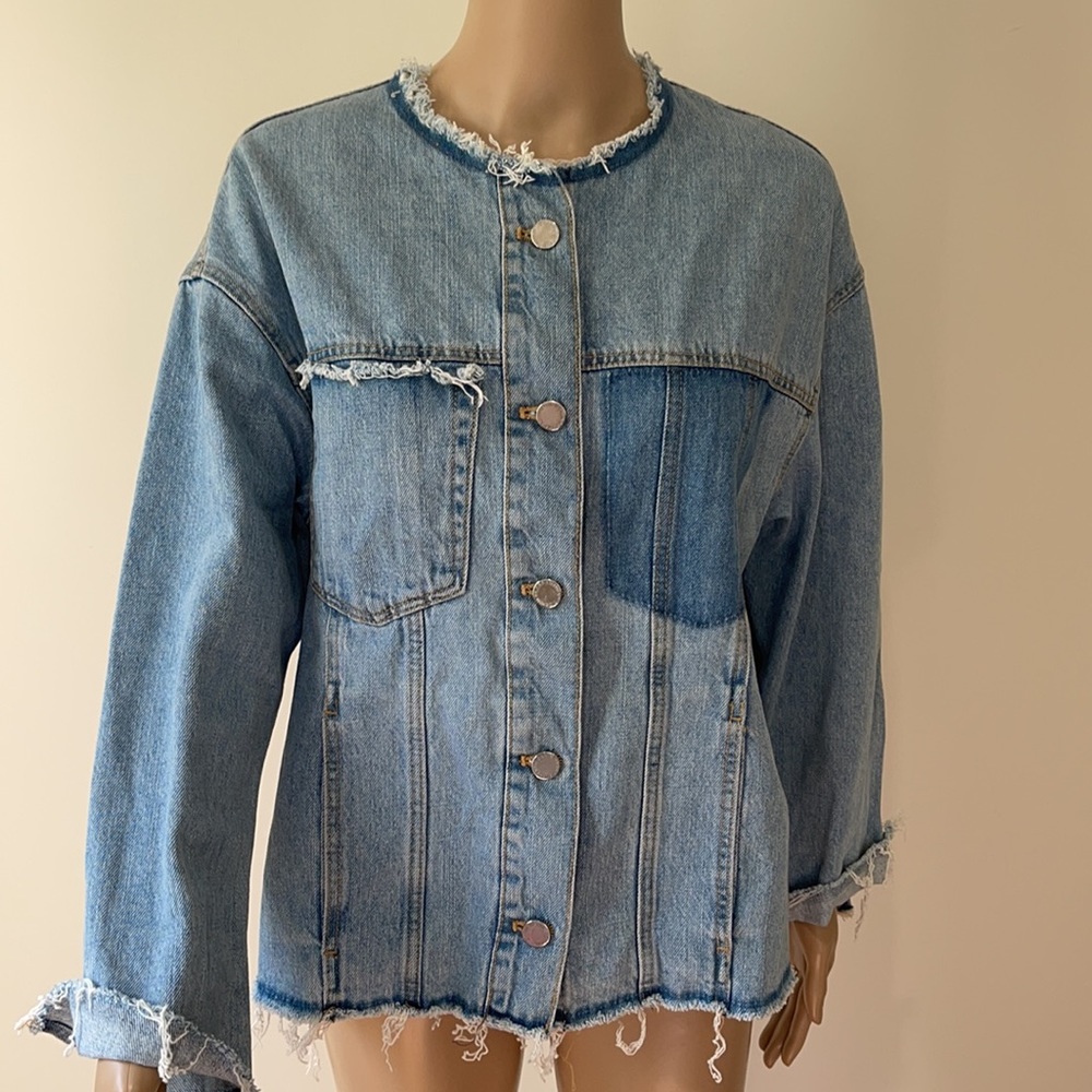 ZARA | Collarless distressed denim jacket - Picture 4 of 13